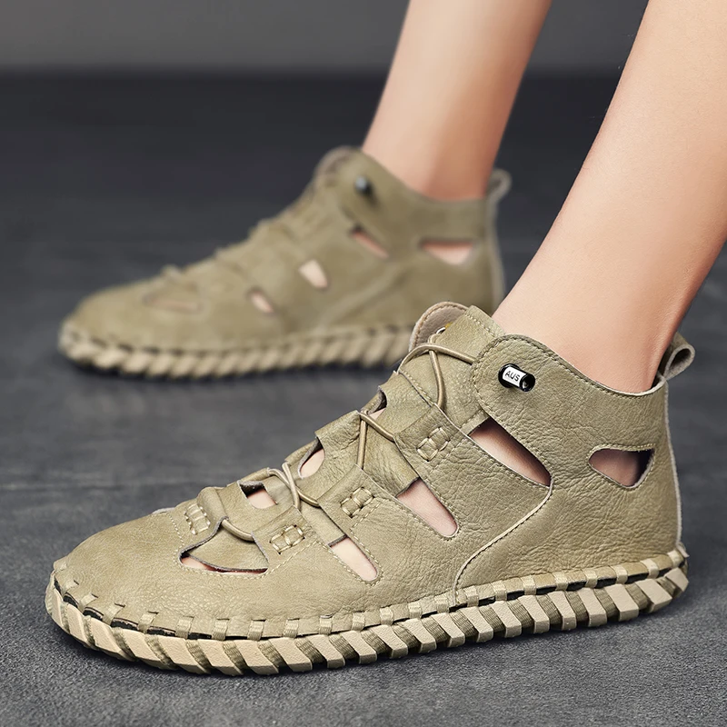 

Мужские кожаные сандалии ручной работы, шитье, летняя Классическая обувь, мягкие тапочки, удобная уличная пляжная обувь для прогулок