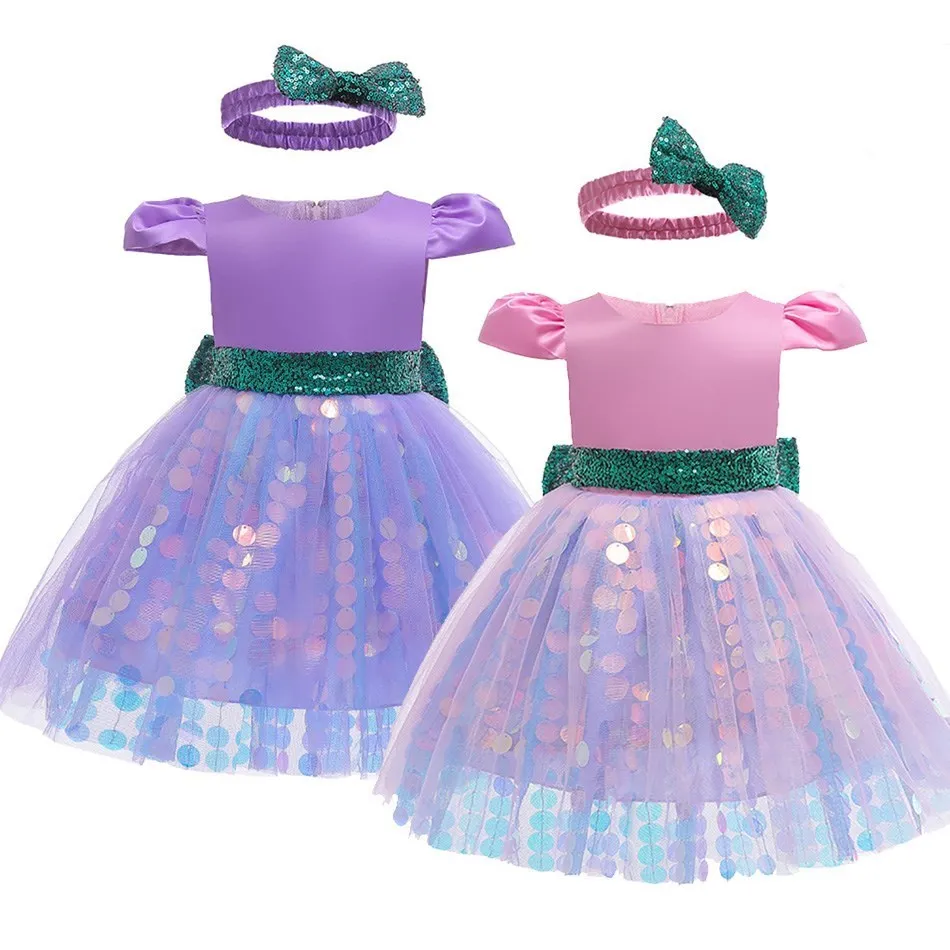 

Baby Girl Mermaid Dress Purple Pink Fluffy A-line Dress for Halloween Costume Scale Sequins Little Girls Birthday Party Clothes