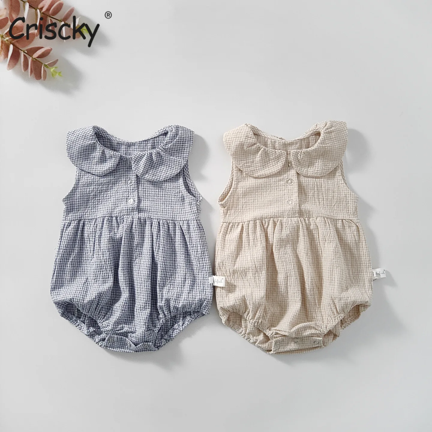 

Criscky 2022 Summer Solid Newborn Baby Girls Cotton Linen Bodysuits Sleeveless Strap Jumpsuits2Pcs Outfits Korean