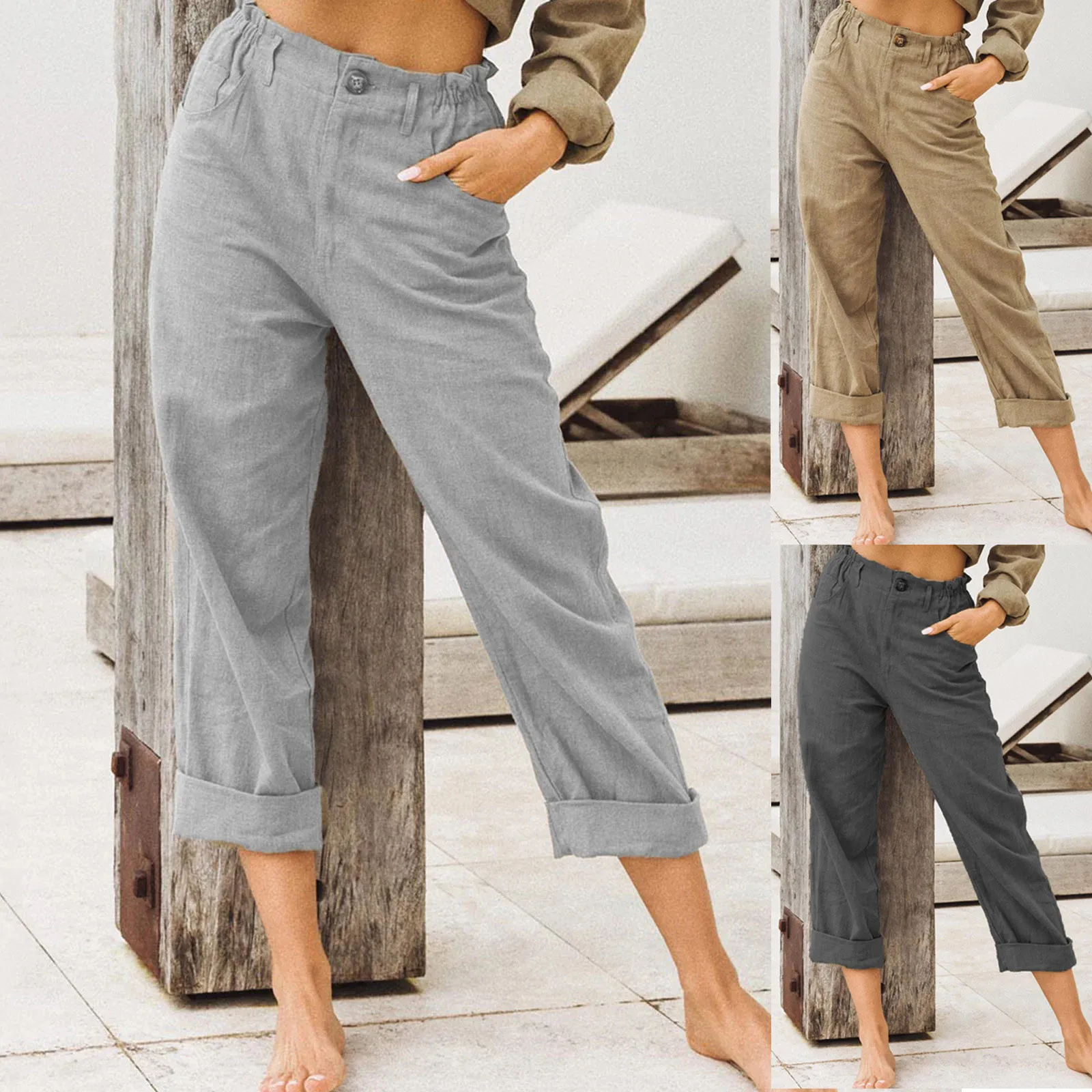 

Summer Pants Casual Cotton Linen Drawstring Elastic Waist Trousers Pants Sweat High Waist Straight Leg Pants For Women
