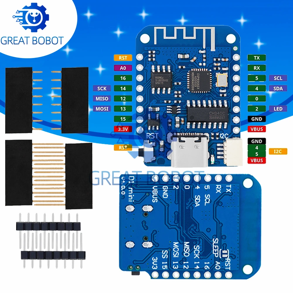Фото Для WEMOS D1 Mini V4.0.0 TYPE-C USB WIFI Плата Интернета вещей на базе ESP8266 4 МБ MicroPython Nodemcu для Arduino, совместимая №1