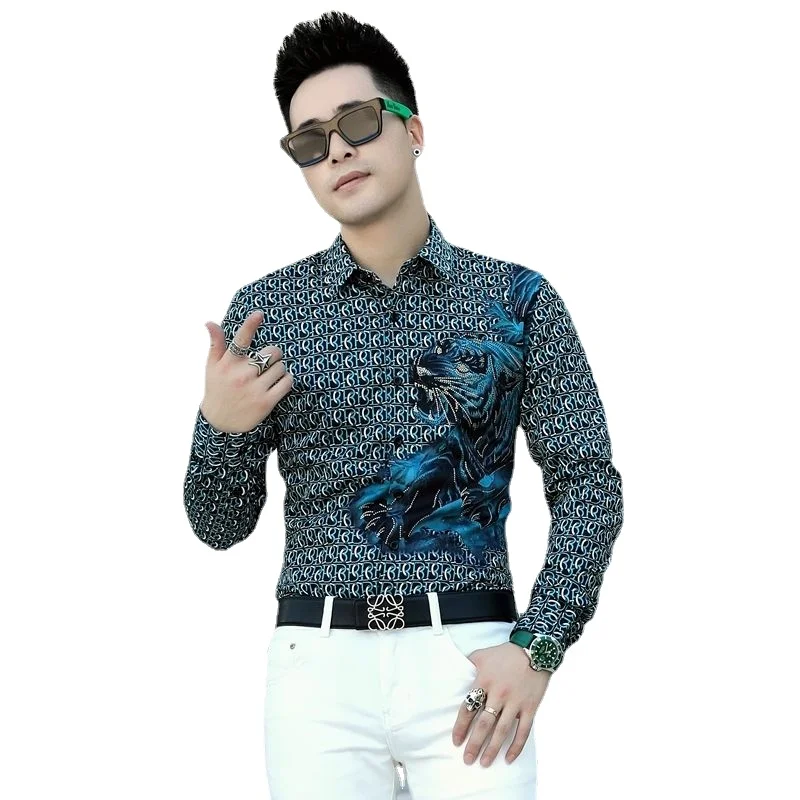 Spring and Autumn Men's Long -shirt Shirt, Lapel Single Chest Buckle, Tiger Printing Letter Pattern, Street Men's Clothing