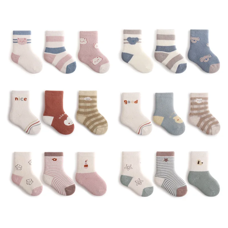 3 Pairs/set Winter Calf Sock for Baby Boys Girls Kwaii Cartoon Striped Kids Toddler Warm Socks Thicken Children Sock Accessories