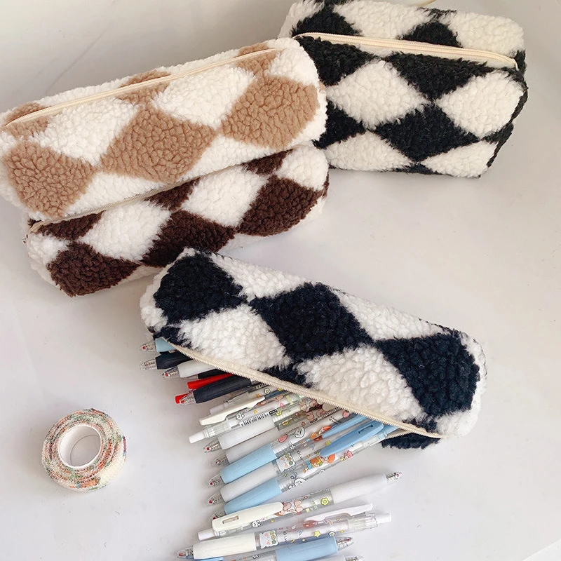 

New Plush Stripe Style Pencil Case Ins Fashion Large Capacity Pencil Bag Cosmetic Pouch Storage For Stuent Stationery Supplies