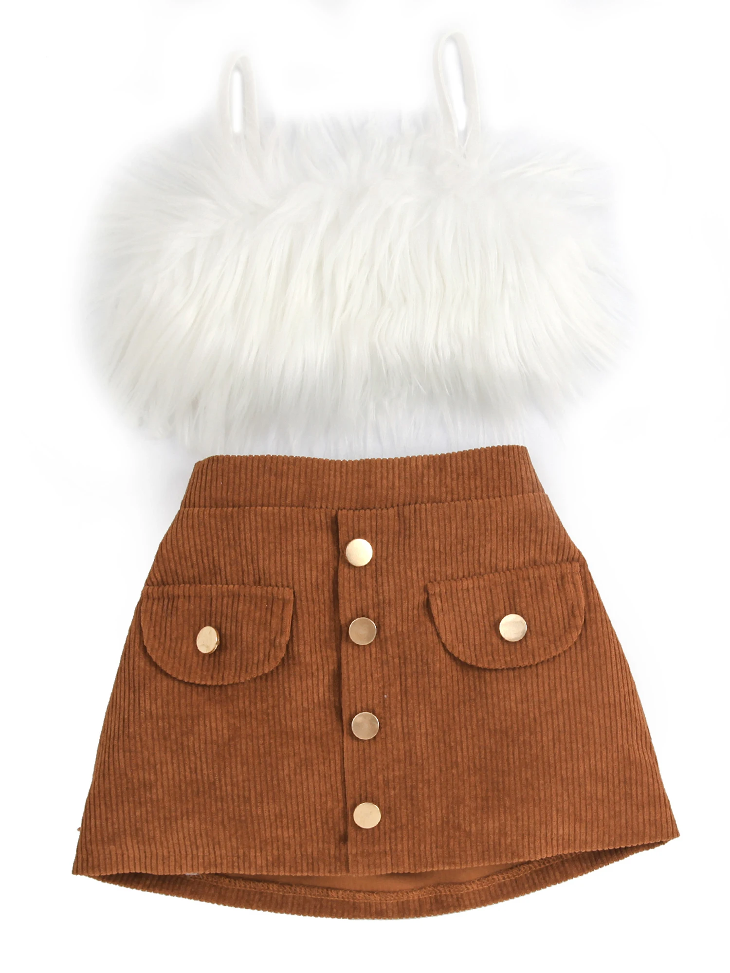 

1-6T Toddler Baby Girl Summer Clothes Set Feather Fur Sleeveless Vest Tank Top High-Waist Button A-Line Corduroy Skirt