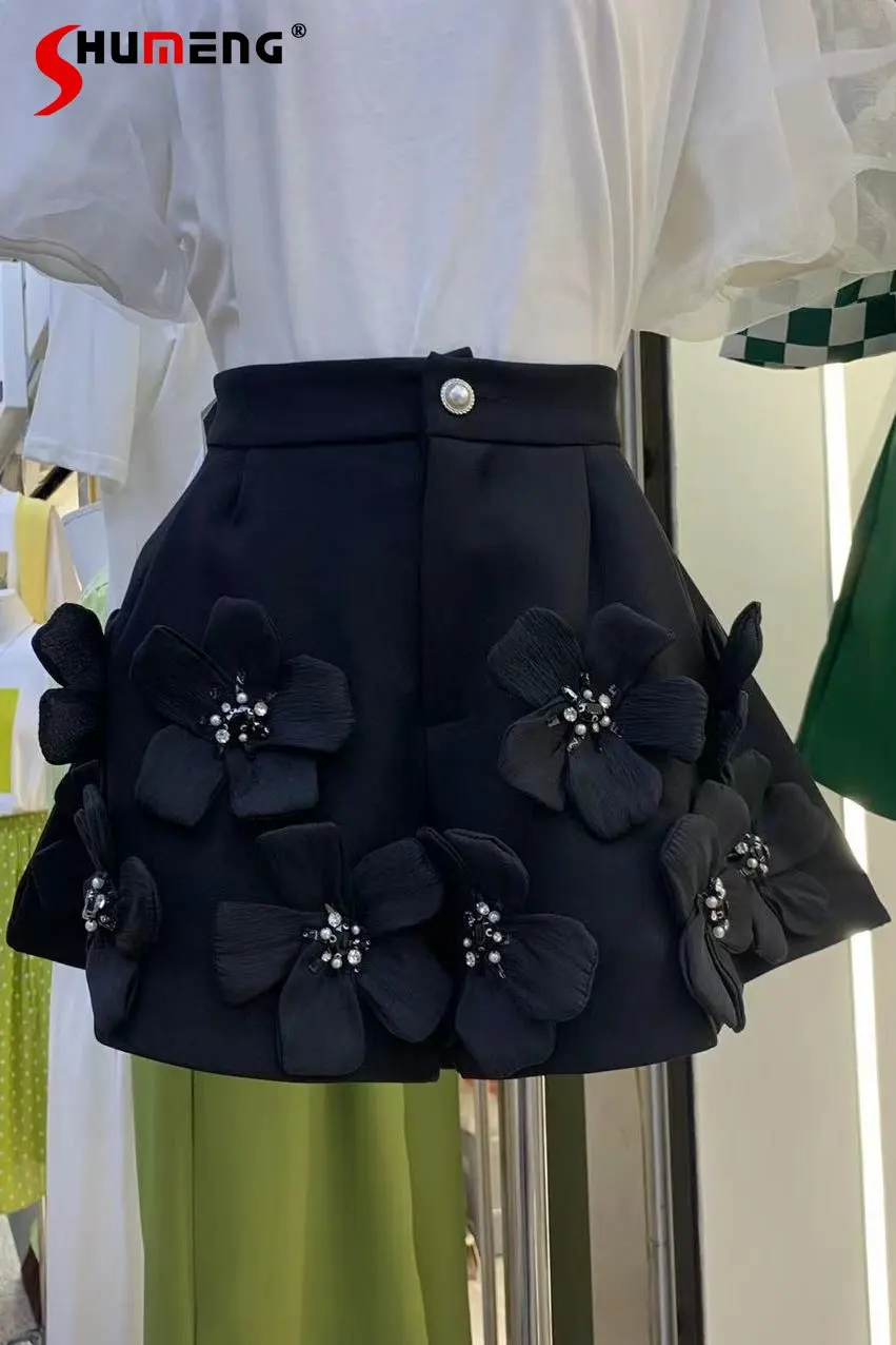 

2023 Spring Summer New Design Sense Flower Beaded High Waist Temperament Wide Leg Shorts All-matching Loose Black Short Pants