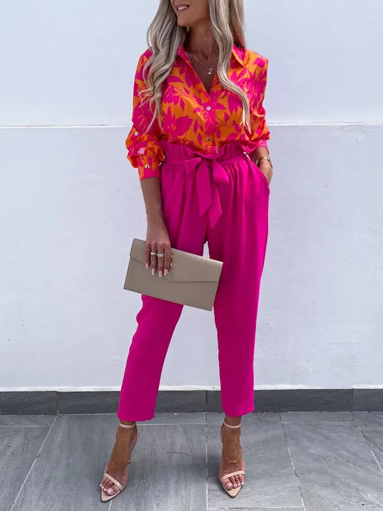 

2022 Spring Summer Ladies Elegant Lace-Up Ruffled Elastic Waist Ninth Pants Fashion Solid Color Pocket Loose Office Casual Pants