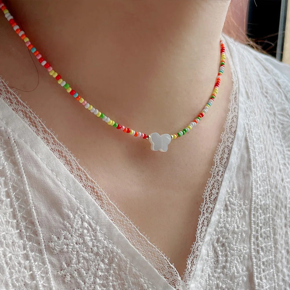 

Colorful Resin Beads Shell Butterfly Pendant Necklace for Women Clavicle Chain Short Necklaces Female 2022 Fashion Jewelry New