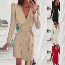 Outono sólido escritório senhora vestido de festa feminino elegante decote em v cinto lateral blazer mini vestido casual manga longa vestido irregular (3)