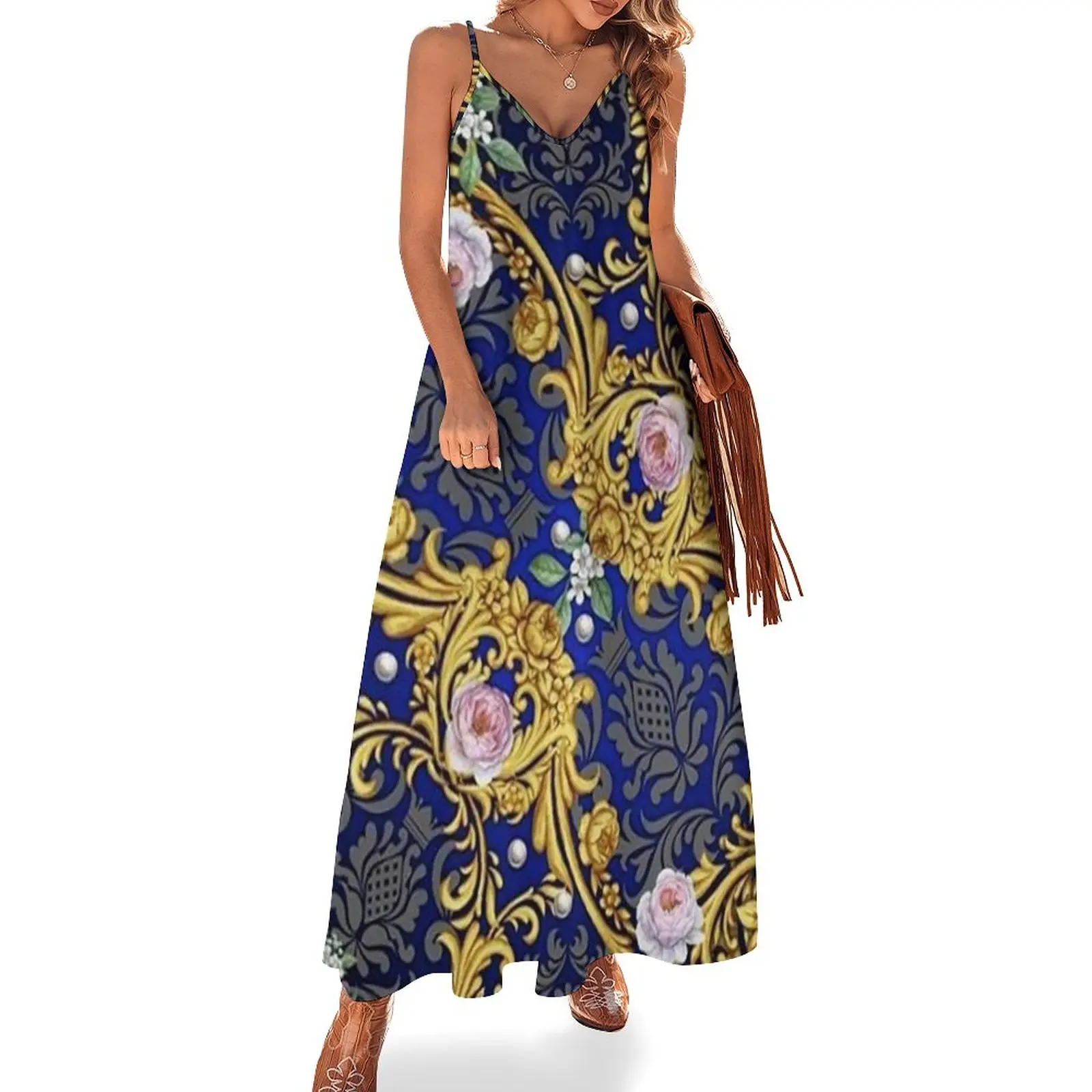 

Baroque Floral Dress Vintage Flower Print Vintage Maxi Dress Fashion Boho Beach Long Dresses Summer V Neck Big Size Vestido