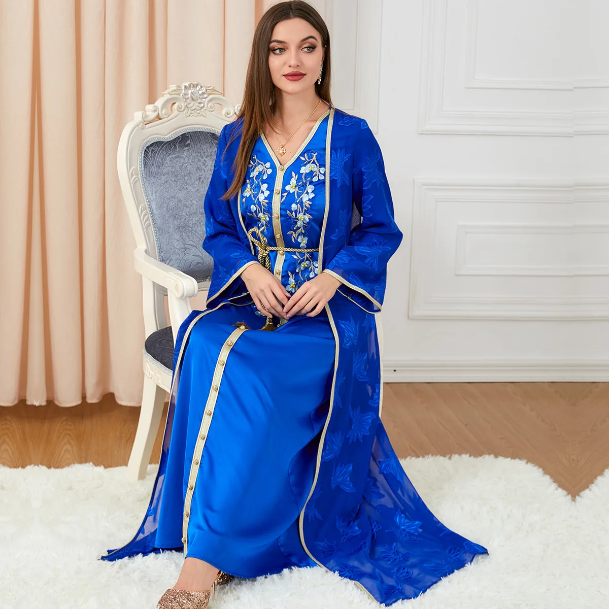 Muslim Women's Luxury Brand Two-piece Gown Turkish Indian Abaya Arab Islamic Woman Morocco Kaftan V-neck Belt Embroidered Dress