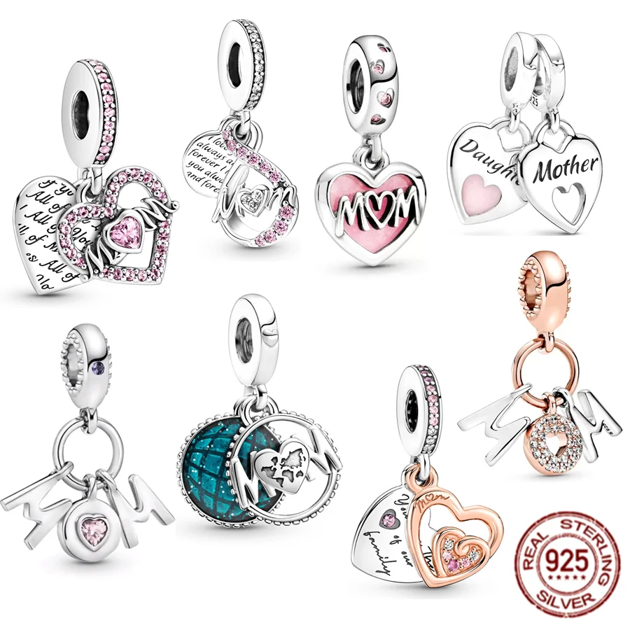 925 Sterling Silver Mom Letters Heart Double Dangle Charm Bead Fit Original Pandora Bracelet Fashion Jewelry Gift For Women