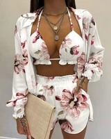 summer 3 piece set outfits women fashion sexy beach style printed suspender cardigans shorts pants suit three piece set