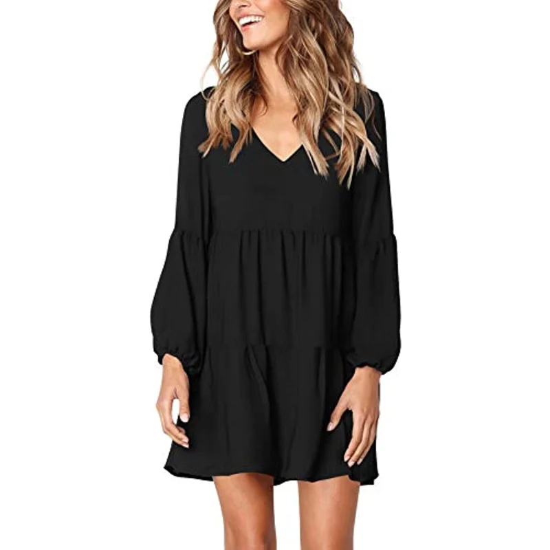 

Women Tunic Dress V Neck Casual Loose Flowy Swing Shift Dresses Chiffon V Neck Sexy Summer Spring Femal Vistidos Mini Dress
