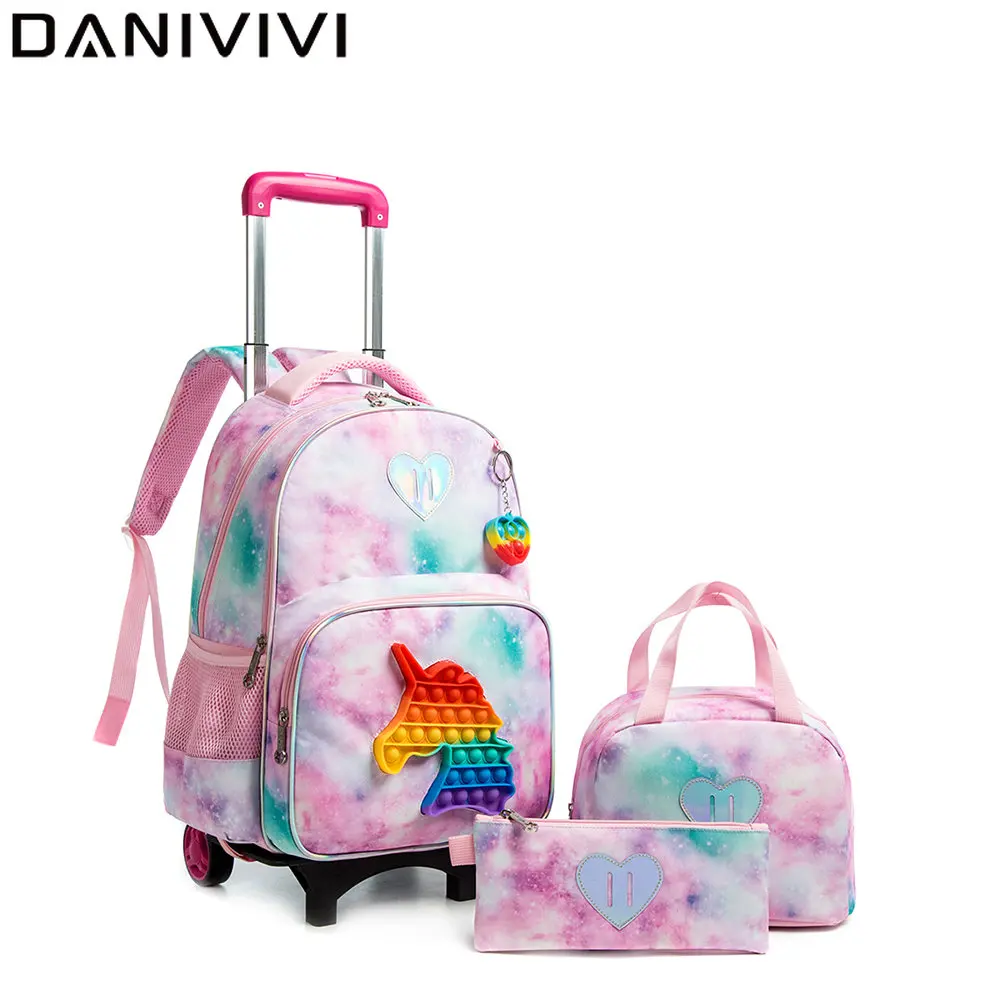 School Backpack for Kids Girls Toddler Backpack with Lunch Boxs Schoolbags Detachable Multifunctional Wheeled Backpack 2023