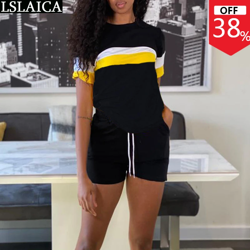 

Женские комплекты из 2 предметов, модные наряды, повседневные Летние футболки с коротким рукавом и круглым вырезом, наборы коротких штанов, ...