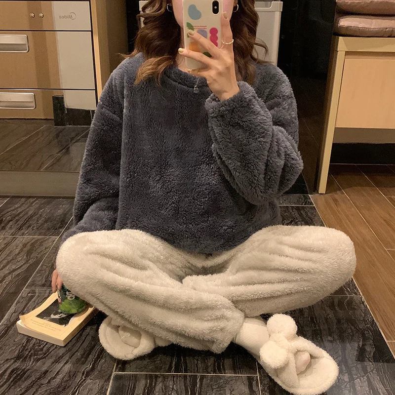 

Women Flannel Thickened Pajamas Set Winter Warm 2PCS Sleepwear Long Nightweart Female Pijamas Suit Coral Fleece Loungewear Pjs