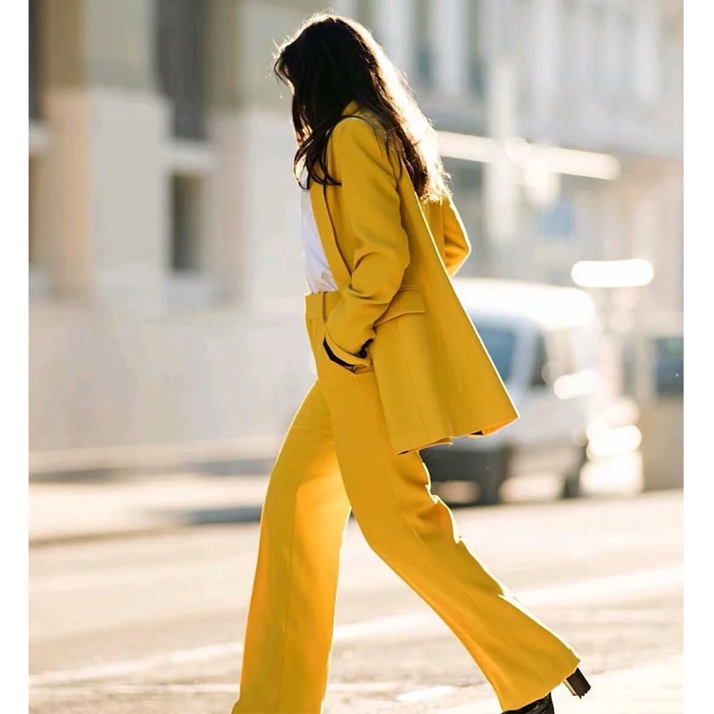 Suit for Women Blazer Set Double Breasted Formal Business 2 Piece Yellow Pant Suit Lady Office Jacket костюм женский enlarge