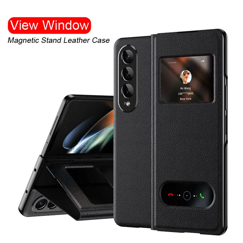 

Ультратонкий кожаный чехол-книжка с магнитной застежкой для Samsung Galaxy Z, Складывающийся 4, полностью защищающий чехол с окошком для экрана и п...