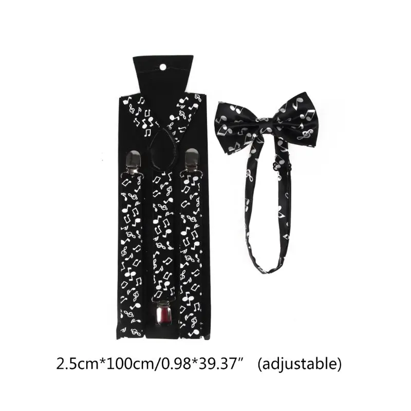 

Men Women 2 In 1 Suspenders Bow Tie Set Black White Music Notes Piano Keyboard P