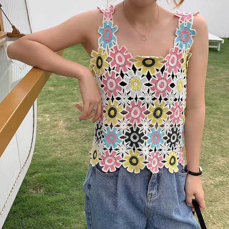 

Crochet Summer Cottagecore Vintage National All-Match Tops Blouse 2021 for Women Women Sweet Colorful Sexy Lace Crop Tops Vest