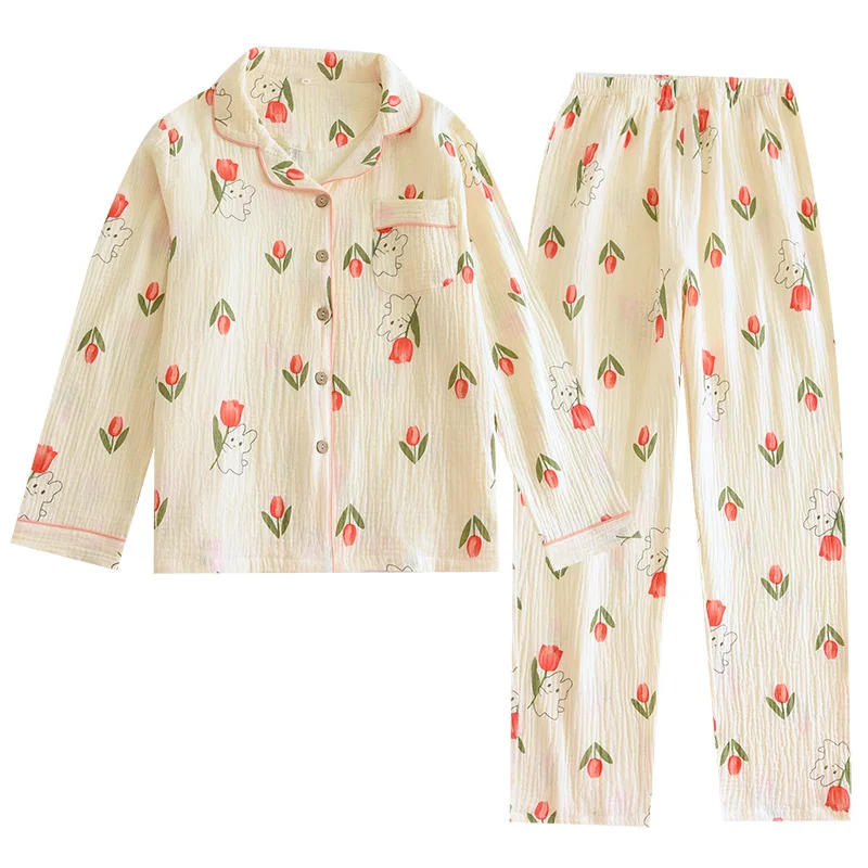 Pyjamas Women Spring and Summer Cardigan Style Leisure Sleepwear Turn-down Collar Long-sleeved Cute Bunny Home Service Suit