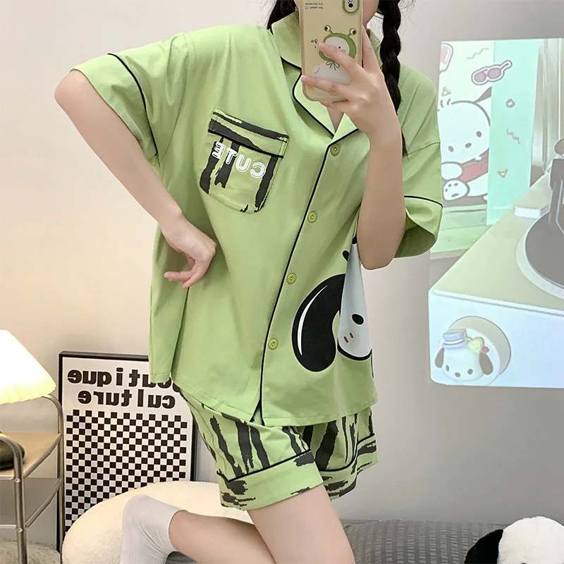 

Y2K Kawaii Anime Sanrio Cinnamoroll Hello Kitty Pochacco Summer Girl Lapel Cardigan Pajamas Set Cute Short Sleeve Casual Wear