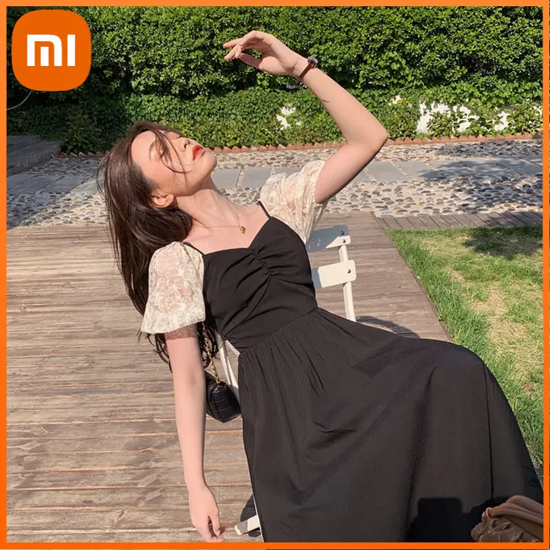 

Xiaomi Summer Patchwork Y2k Dress Women French Hollow Out Design Casual Kawaii Midi Dress Female Puff Sleeve Sexy Party Dress