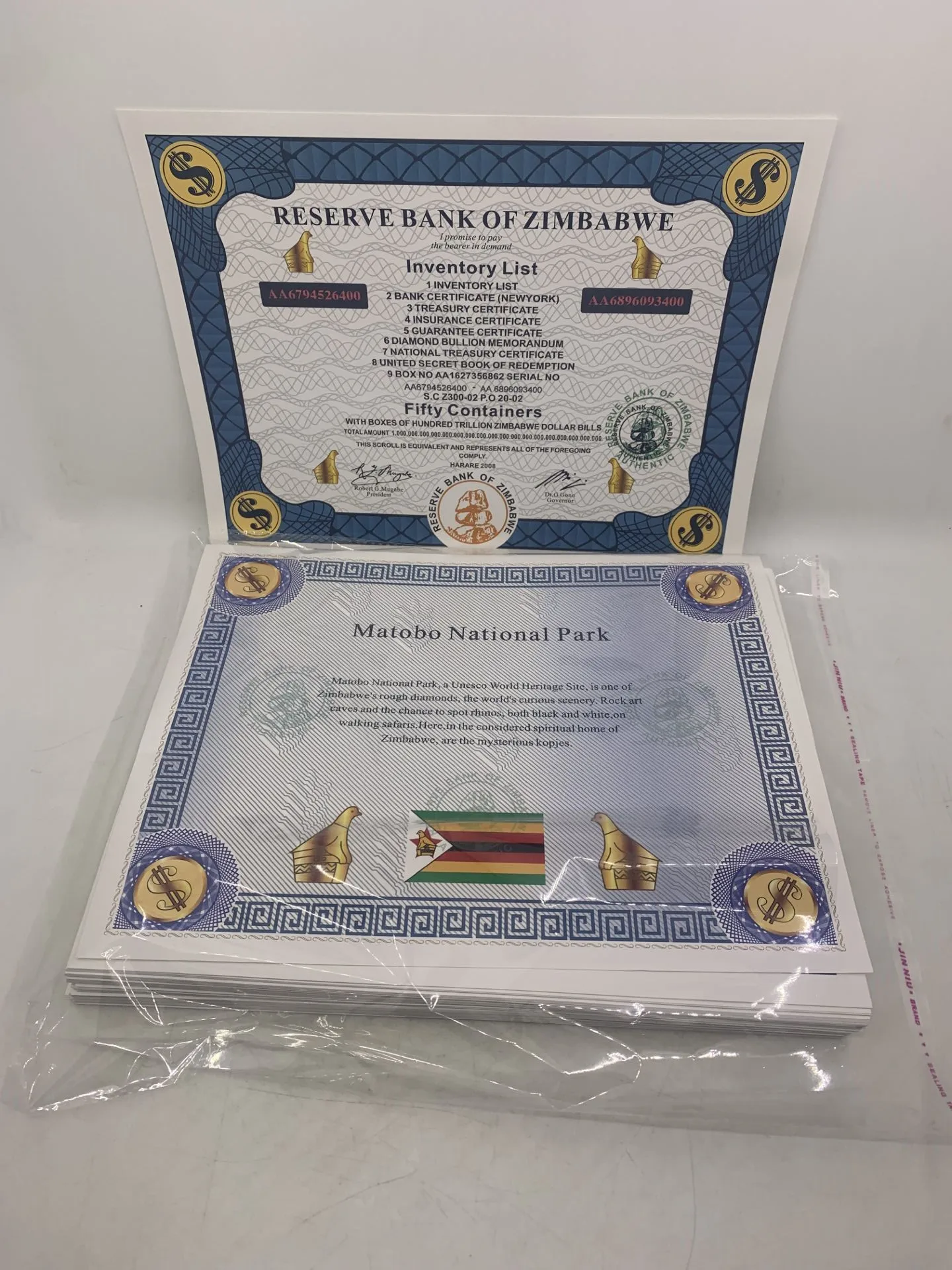 

22x28cm 100pcs/lot Big Zimbabwe Certificate for 100 Trillion Dollars Zimbabwe Gold Banknotes Good Selling