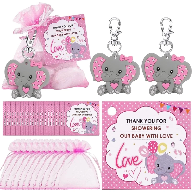 

30 Pieces Elephant Keychain Set Animal Themed Keyring Organza Drawstring Bags and Thank You Tags for Baby Shower Party