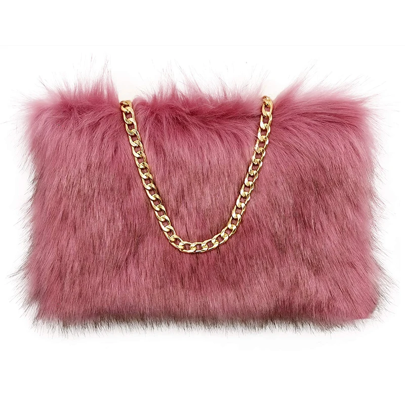 Faux Fox Fur Purse Fuzzy Handbags for Women Evening Handbags Al alloy Shoulder Strap Shoulder Bags Dark Pink