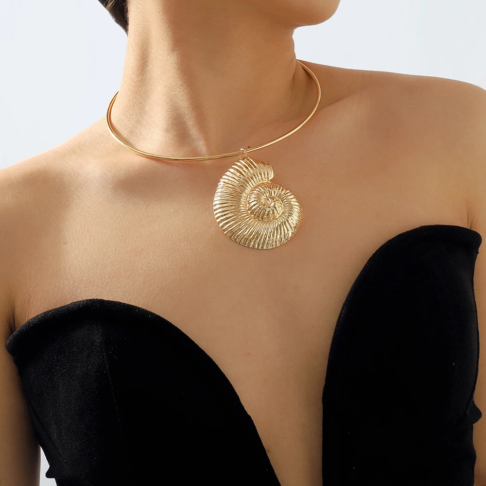 2024 Золотое Спиральное Ожерелье Из Ракушек Металлический Кулон Летний Пляжный