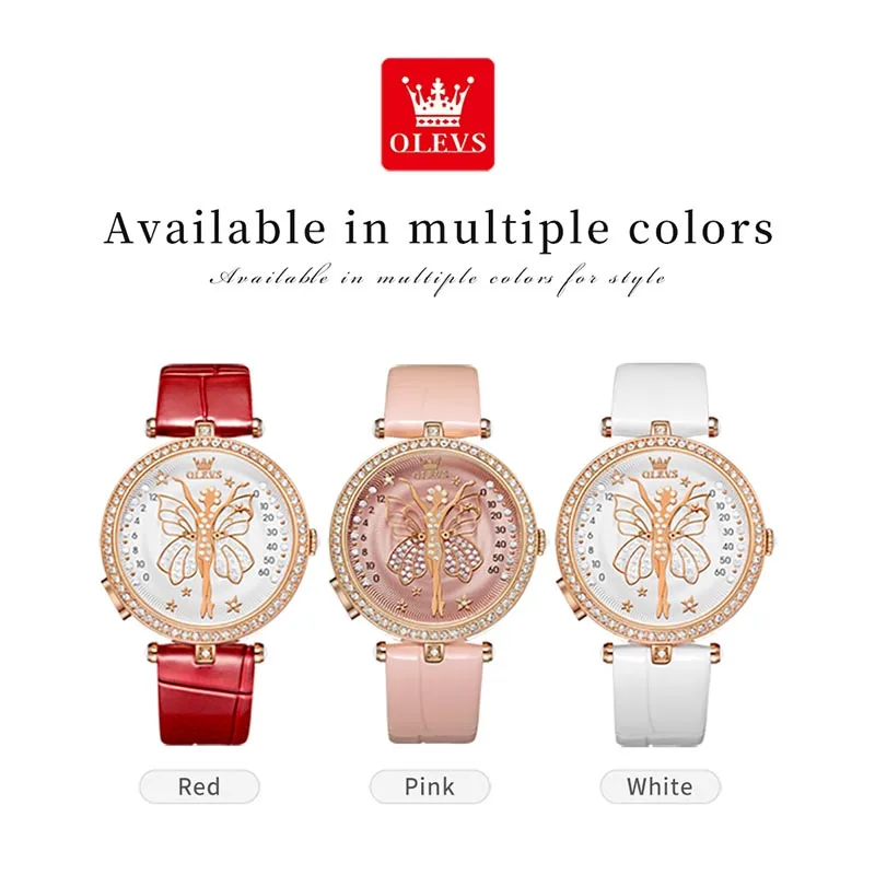 OLEVS Quartz Womens Watches New Leather Watch Luxury Diamond Set Case Casual Butterfly Dial Design 30M Waterproof Ladies Clock