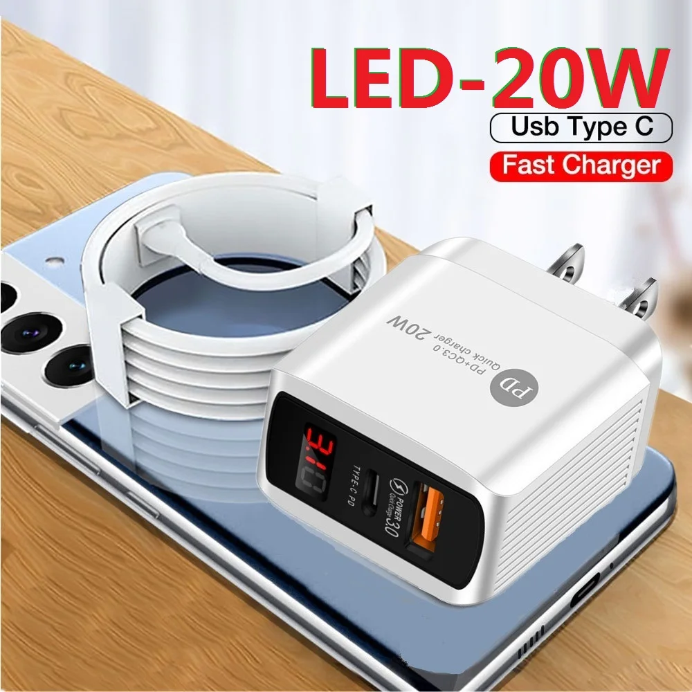 

20W LED Display Type c PD Wall Charger QC3.0 Fast Quick Charging Cables Power adapters For IPhone 12 13 14 Ipad Samsung huawei