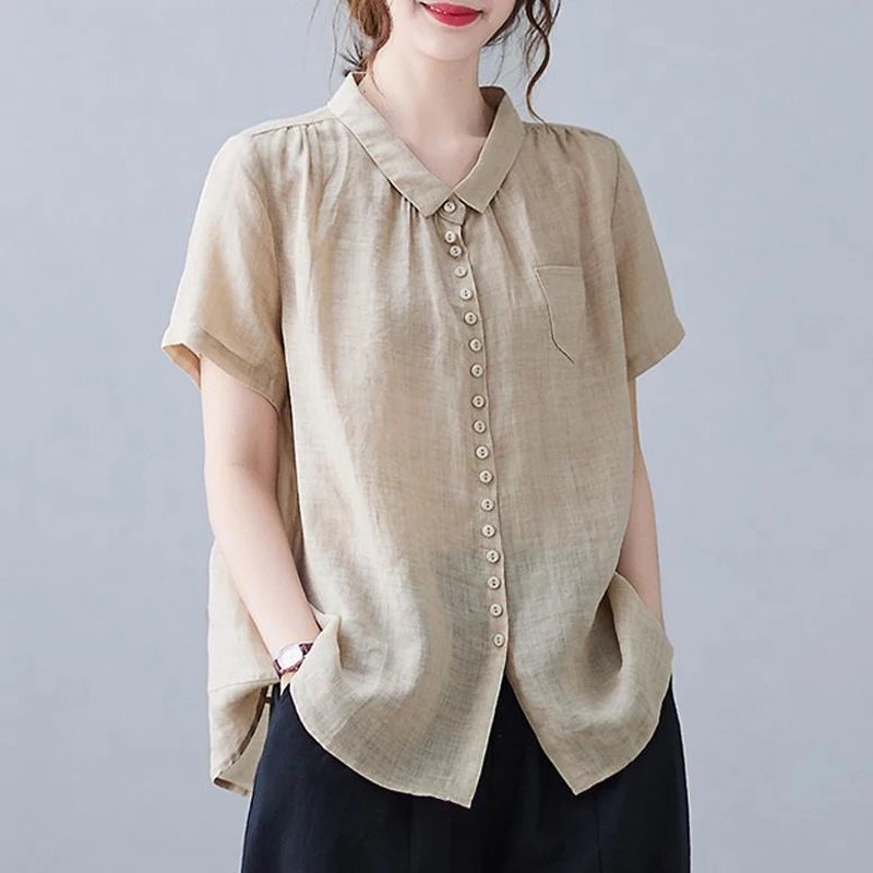 

Vintage Loose Casual Women Shirts Short Sleeve Blouse Summer Thin Button Straight Ladies Clothing Fashion Y2k Top