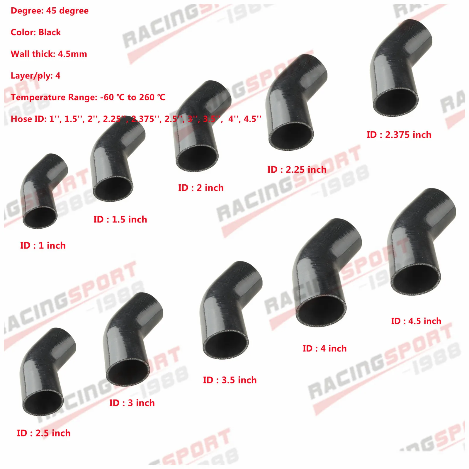 

Universal Silicone Tubing Hose Connector Intercooler Turbo Intake Pipe Coupler Hose 45 Degrees Multiple Sizes Black