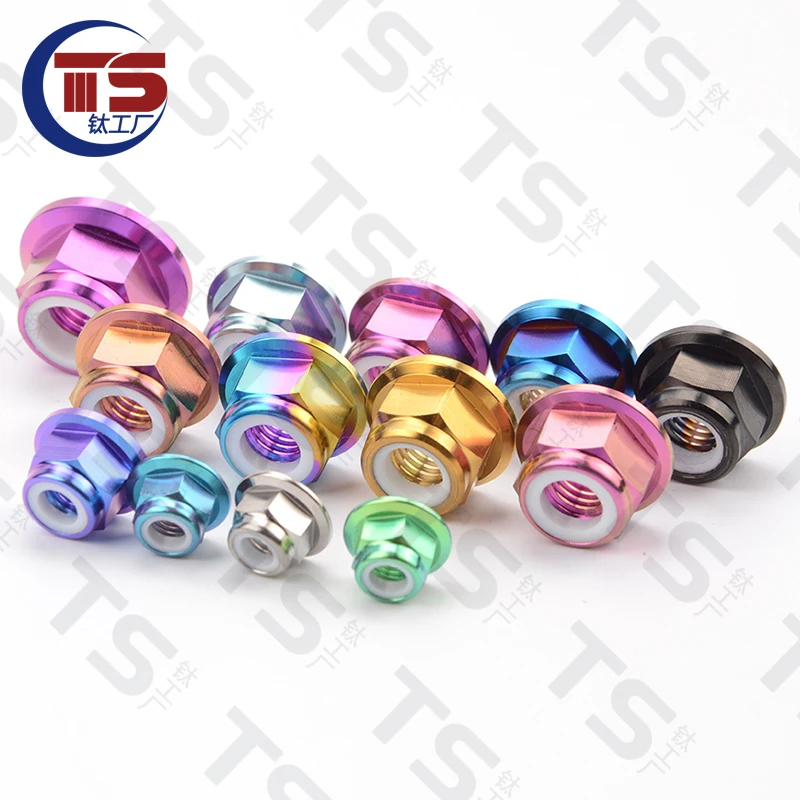 Фото DIN6926 10 шт.M5 M6 M8 M10 M12 Титановые многоцветные нейлоновые стопорные шестигранные гайки с винтовой крышкой и фланцем Race Spec для RC Buggy Race №2
