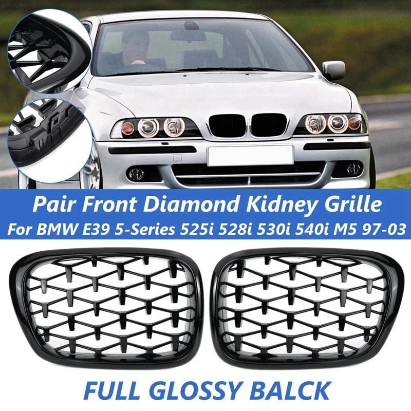

Glossy Black Diamond Front Kidney Grill For -BMW E39 525I 528I 530I 540I M5 1997-2003 51137005837 51137005838