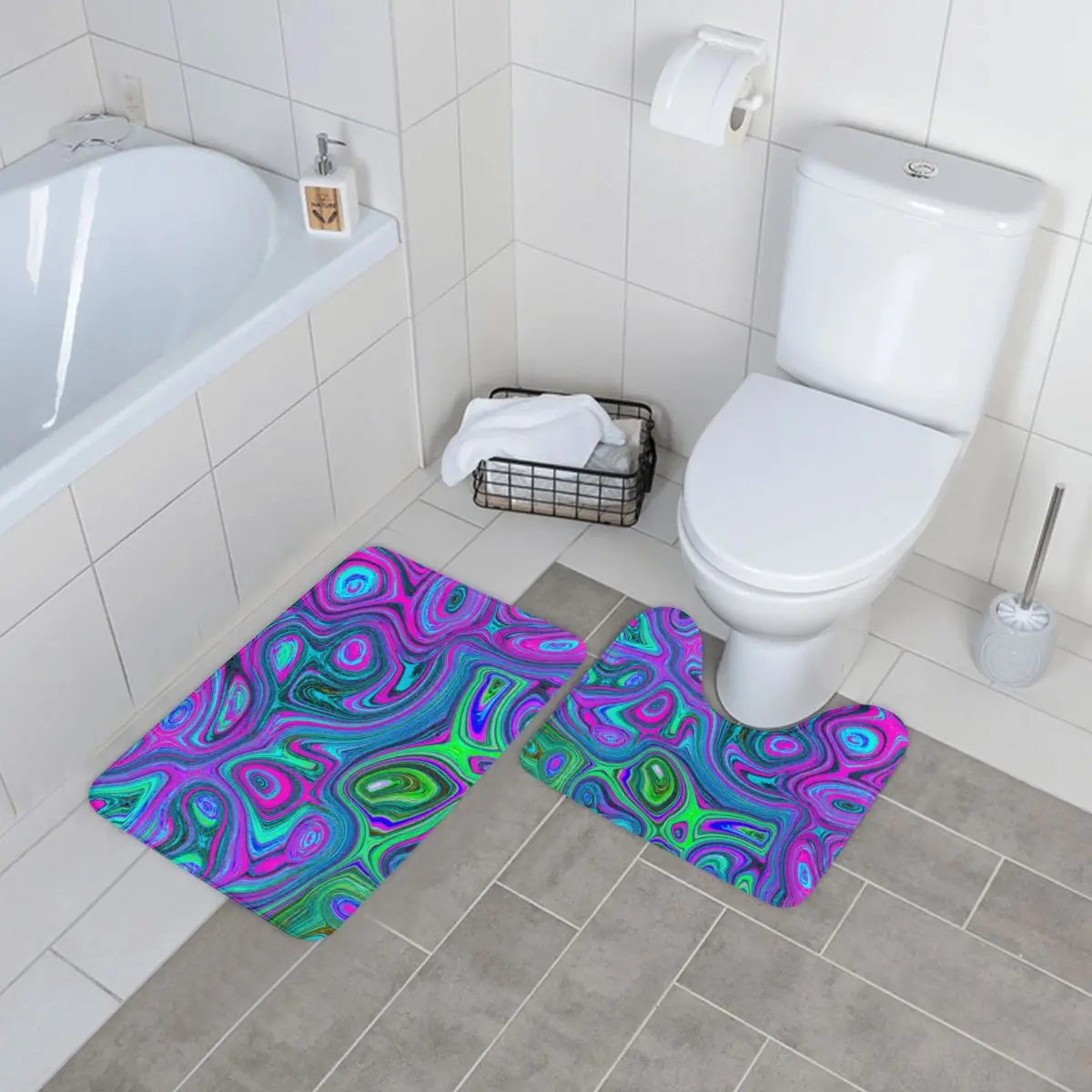 

Liquid Retro 60s Bath Mat Groovy Abstract Art 2pcs Washable Modern Bathroom Mat Set Polyester Bathtub Bathroom Rug