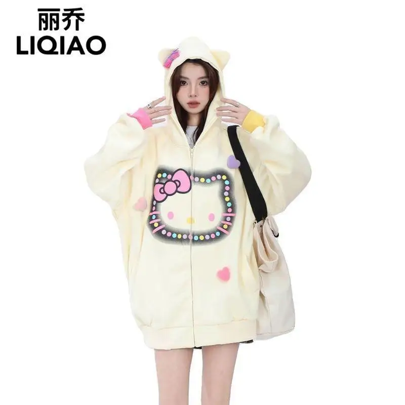Популярный Kawaii Hello Kitty милый свитшот с капюшоном Sanrio топы длинными рукавами для