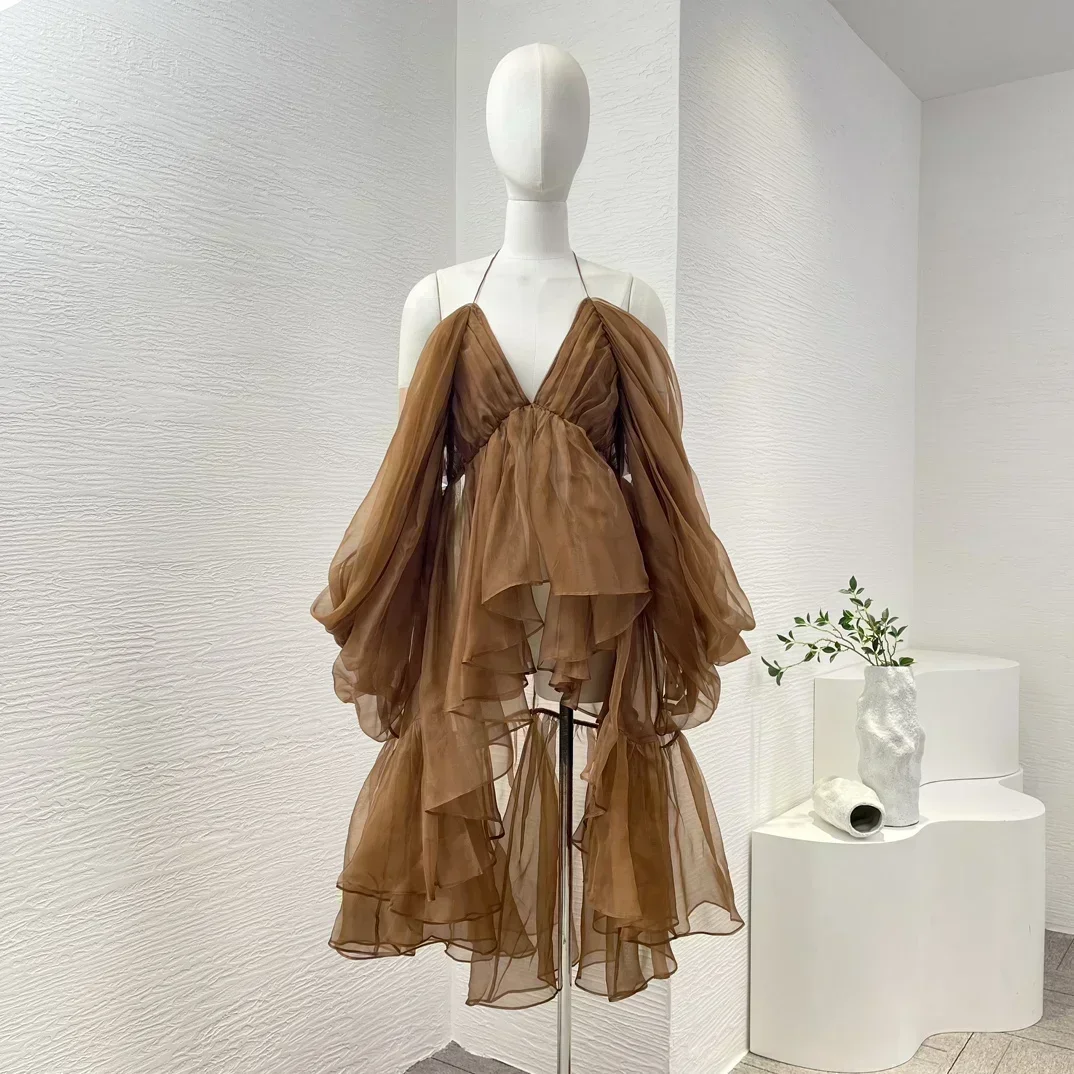 2024 кофейно-коричневый цвет высококачественные асимметричные блузки с лямкой на