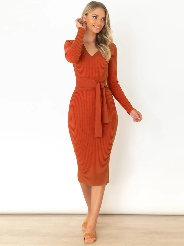 

2022 New Women Autumn Winter Elegant Long Sleeve V Neck Slim Fit Tie Up Knitted Dress For Ladies Fashion Causal Dresses