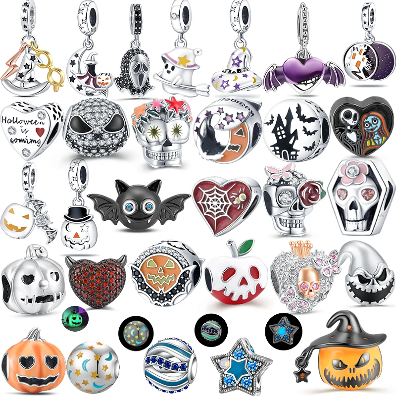 

Новинка 2023, серия для Хэллоуина из стерлингового серебра, летучая мышь, тыква, фонарик, Череп, подходит для оригинальной Пандоры S925, черно-оранжевые ювелирные изделия, подарок