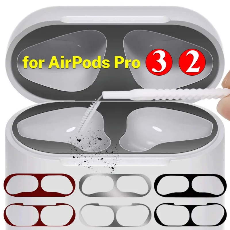Фото Металлическая пылезащитная наклейка для Airpods Pro, чехлы для наушников Airpods Pro 3 2, защитный чехол для наушников с чистящей щеткой №1