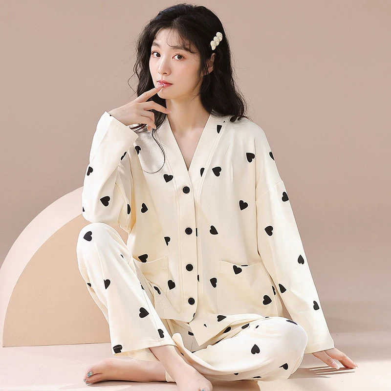 CAIYIER Sweet Strawberry Girls Nightwear V-Neck Long Sleeve Long Pants Sleepwear Suit Winter Pajamas Large Size 3XL Homewear