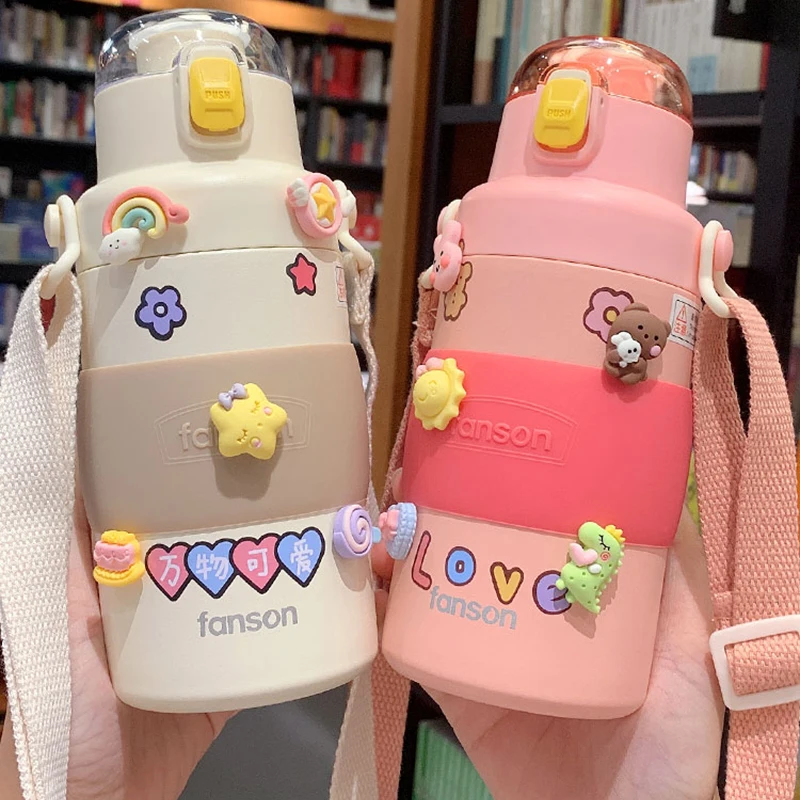

Kawaii Stainless Steel Thermos With 3D Sticker Strap Water Jug Vacuum Flask Cup Leak-proof Travel Portable Insulated Tumbler