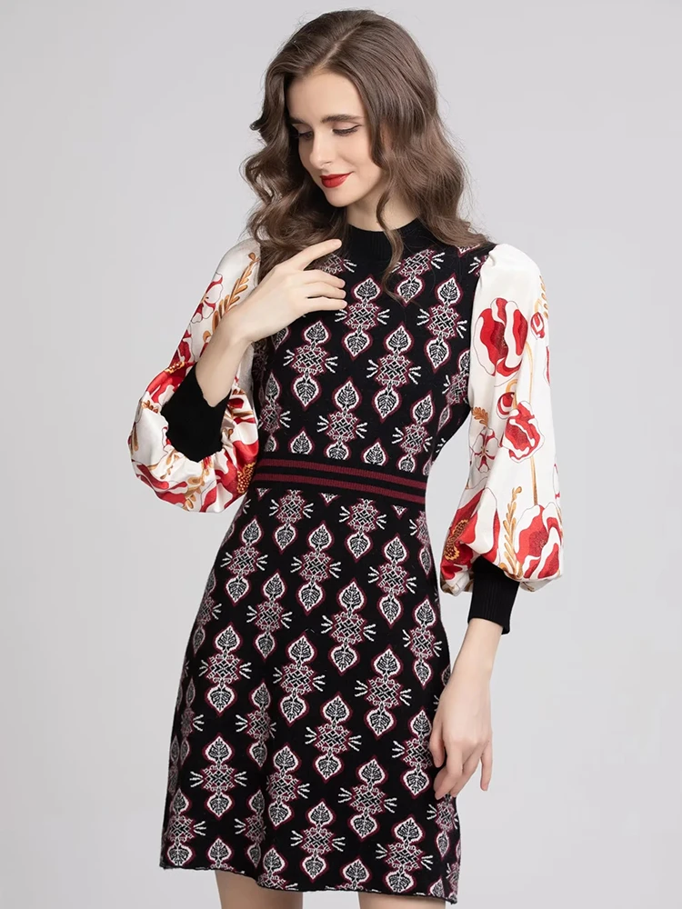 

MoaaYina Fashion Runway dress Autumn Women's Dress Lantern sleeve Printed splicing knitting Balck Short Dresses
