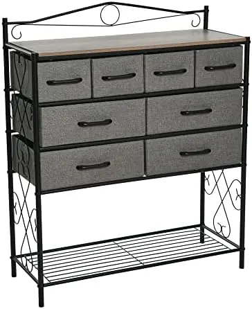 

Dresser Tower Storage Organizer with 8 Brown Drawers Black Metal Frame and Mid Century Walnut Wood Grain Top 40.5x 33.25 x 13 in