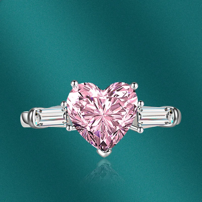 

European and American New Fashion Pink Love Ring Princess Heart-shaped Colored Diamond Live Ring Female Engagement Ring