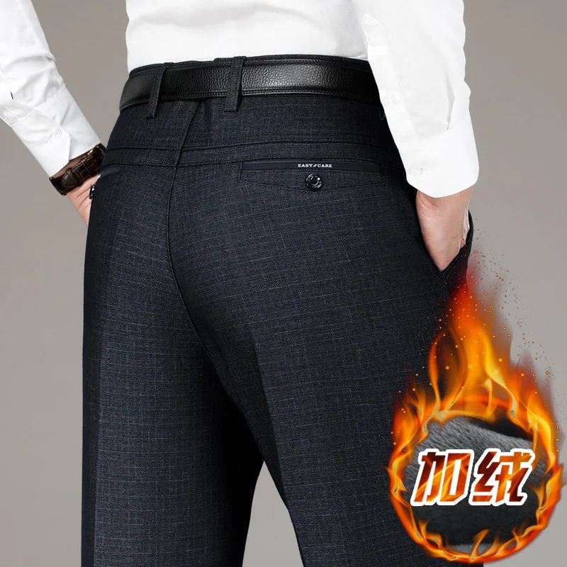 

Winter Brand Fleece Thick Warm Straight Loose Father's Pants Business Casual Men's High Waist Quality Classic Trousers